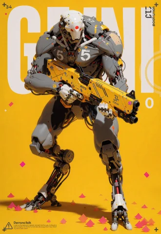 This Is A Digital Humanoid Robot Set Against A Bright Yellow... — Stable Diffusion AI Prompt: This is a digital humanoid robot set against a bright yellow background with whi...