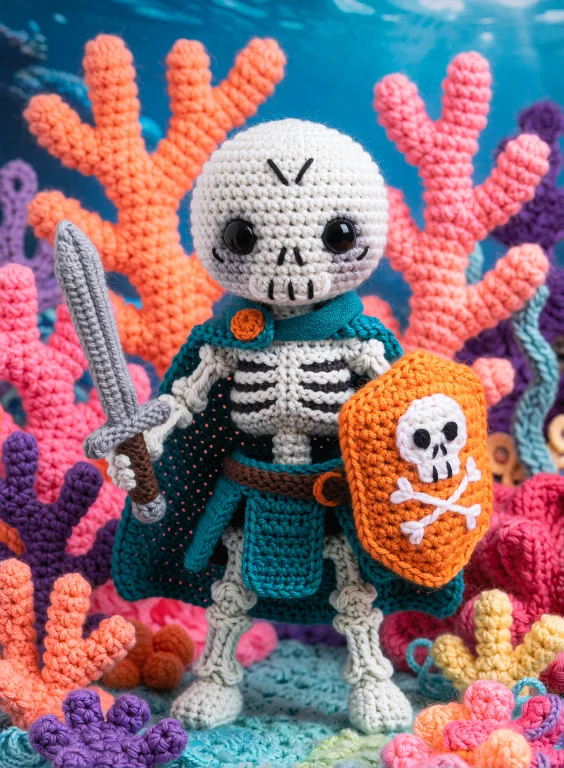 A Cute Handmade Crochet Skeleton Warrior Holding A Sword And...