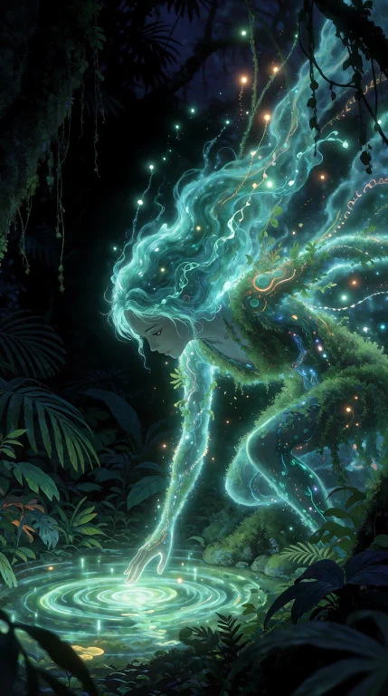 A Ghostly Female Figure Dissolving Into A Bioluminescent Jun...