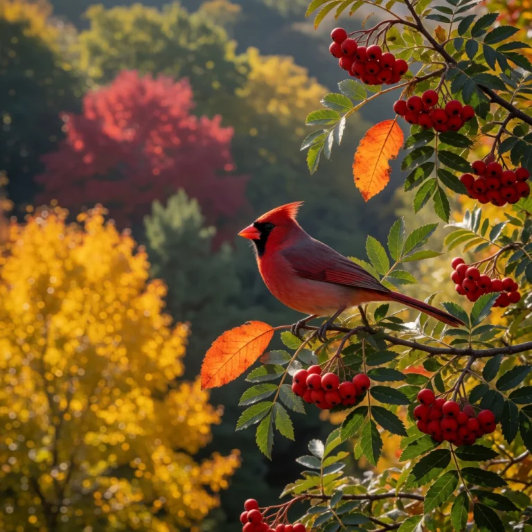 Cardinal Bird In A Mountain Ash Tree With Fruit And An Orang...