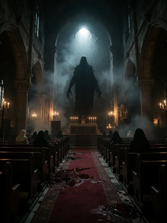 Cinematic Pov Shot Inside A Vast, Gothic Church Shrouded In...