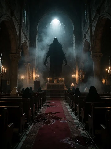 Cinematic Pov Shot Inside A Vast, Gothic Church Shrouded In... — Stable Diffusion AI Prompt: Cinematic POV shot inside a vast, gothic church shrouded in shadows. At the far...