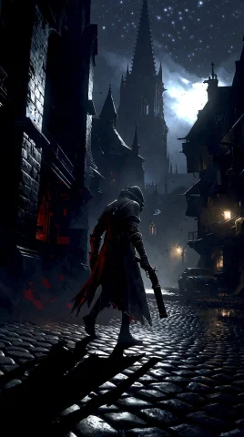 Subject And Action A Weary Hunter From Bloodborne, Clad In A... — Stable Diffusion AI Prompt: Subject and action A weary Hunter from Bloodborne, clad in a tattered, blood-sta...