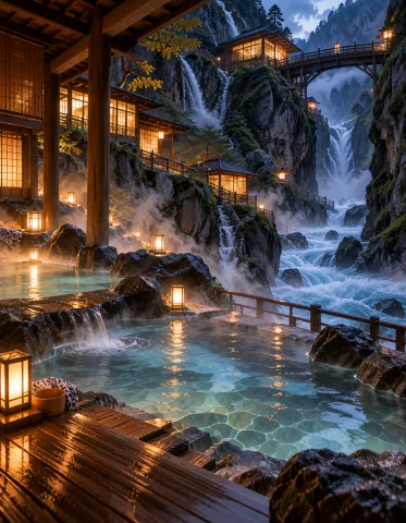 Loratraining2617621-20261001201207663-1gnt1 Z1os, Japanese M... — Stable Diffusion AI Prompt: z1os, Japanese mountain onsen terrace overlooking a dramatic gorge, large steam...