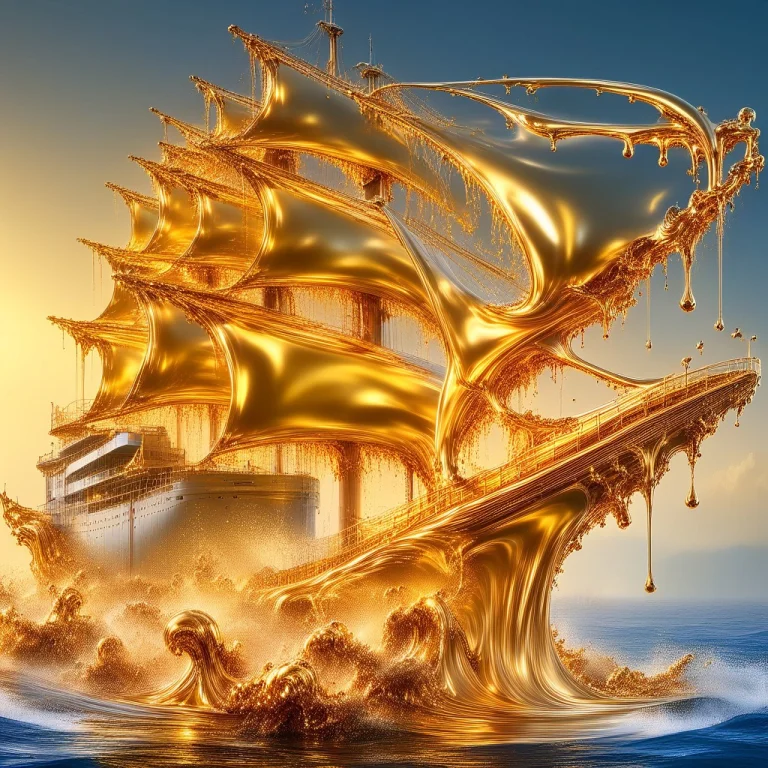 Liquidgoldmorph, Dripping, Ocean Freighter Made Of Liquid Go...
