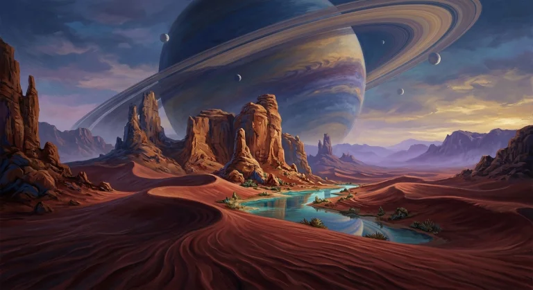 A Cinematic Painterly Alien Desert Beneath An Enormous Ringe...