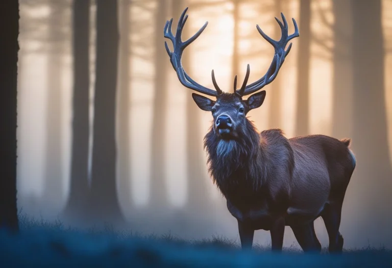 A Stag Bugling In A Fog-filled Clearing, Portrait Photograph...