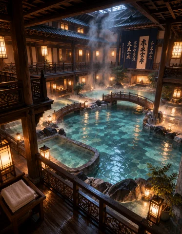 Loratraining2617621-20261001201207663-1gnt1 Z1os, Photoreali... — Stable Diffusion AI Prompt: z1os, photorealistic grand luxury Japanese indoor onsen, vast multi-story tradi...