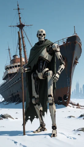This Digital Artwork Depicts A Tall, Humanoid Robot Standing... — Stable Diffusion AI Prompt: This digital artwork depicts a tall, humanoid robot standing in a desolate, snow...