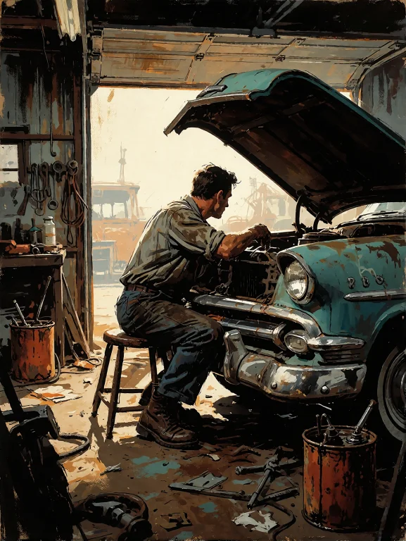 A Rugged Mechanic Sitting Beneath The Hood Of An Old America...