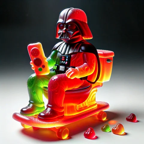 A Darth Vader Made Entirely Of Gummy Candy, Solid Form, Sing... — SDXL AI Prompt: A Darth Vader made entirely of gummy candy, solid form, single cohesive piece, g...