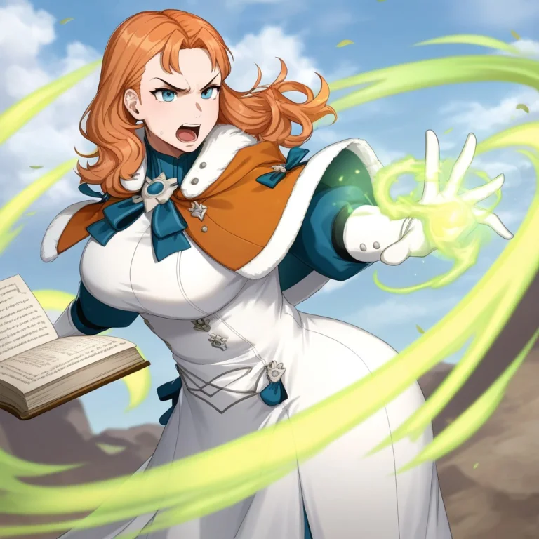 1girl, Solo, Waranne, Orange Hair, Blue Eyes, Long Hair, Wav...