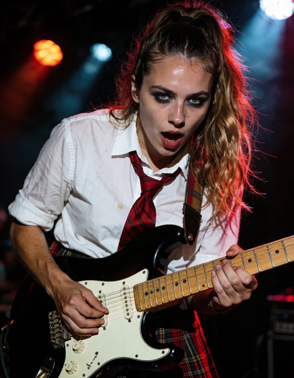 A Beautiful Woman Playing On A Black Stratocaster Guitar On...