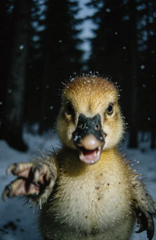 Wereduckling In A Dark Snowy Forest. The Wereduckling Has Th... — Stable Diffusion AI Prompt: wereduckling in a dark snowy forest. The wereduckling has thick yellow feathers...