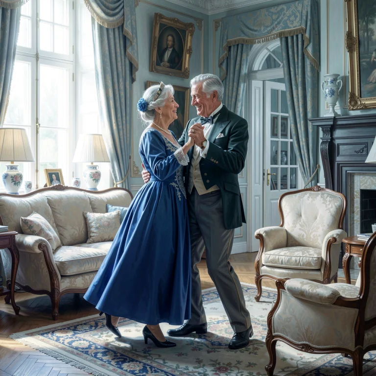 An Elderly Couple Dancing In Their Living Room, Classical Pa...