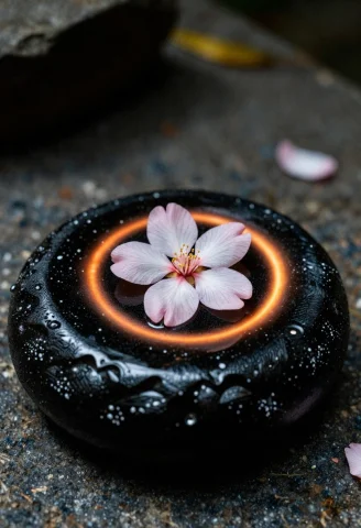 A Single Burning Cherry Blossom Petal Floating On A Dark, Ob... — Stable Diffusion AI Prompt: A single burning cherry blossom petal floating on a dark, obsidian-like obsidian...