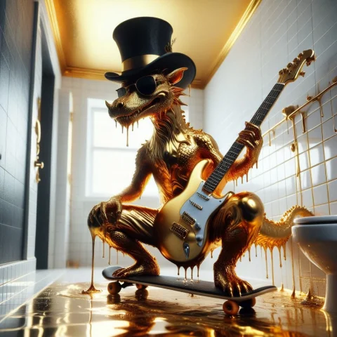 Liquidgoldmorph, Dripping Dragon Wearing A Top Hat And Sungl... — SDXL AI Prompt: liquidgoldmorph, dripping dragon wearing a top hat and sunglasses, playing elect...