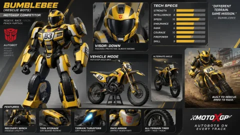 Bumblebeerescuebot As A Visor Down Motoxgp Competitor With T... — Stable Diffusion AI Prompt: Bumblebee(rescuebot) as a Visor: Down motoXgp competitor with Tech Specs