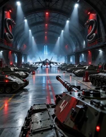 C0br4 B4s3, Photorealistic Cinematic Still Of An Empty Vehic... — Stable Diffusion AI Prompt: c0br4 b4s3, photorealistic cinematic still of an empty vehicle hangar inside one...