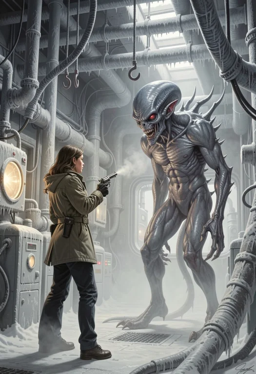 A Woman Armed With A Revolver Confronts A Terrifying Alien C...