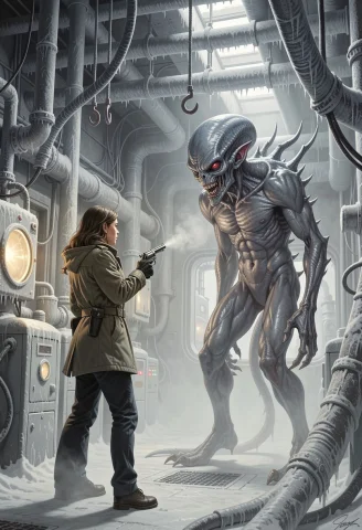 A Woman Armed With A Revolver Confronts A Terrifying Alien C... — FLUX AI Prompt: A woman armed with a revolver confronts a terrifying alien creature inside a fro...