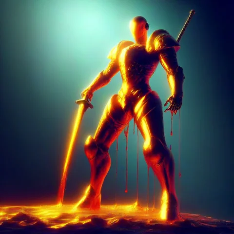 Subject Full Body Armor, Metallic Texture, Molten Gold, Drip... — Stable Diffusion AI Prompt: subject full body armor, metallic texture, molten gold, dripping, holding sword,...