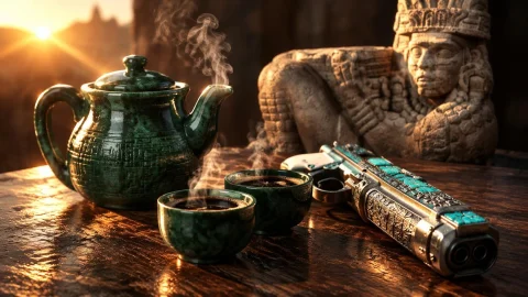 Mexican Coffee Service Made Of A Coffe Pot In Jade, Smoking... — Stable Diffusion AI Prompt: mexican coffee service made of a coffe pot in jade, smoking in the sunrise light...