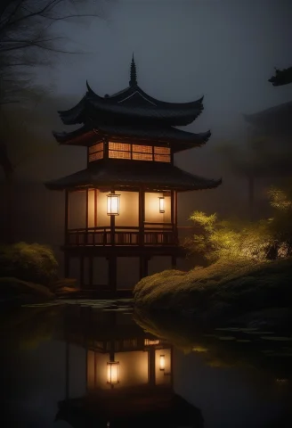 A Lantern-lit Teahouse Beside A Still Pond, Misty Light, Low... — SDXL AI Prompt: a lantern-lit teahouse beside a still pond, misty light, low angle shot, close-u...