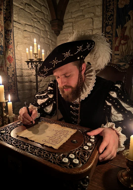 A 16thcentury Male Gaming Youtuber Seated At A Heavy Wooden...