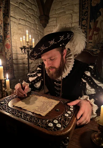 A 16thcentury Male Gaming Youtuber Seated At A Heavy Wooden... — Stable Diffusion AI Prompt: A 16th‑century male gaming YouTuber seated at a heavy wooden desk lit only by fl...