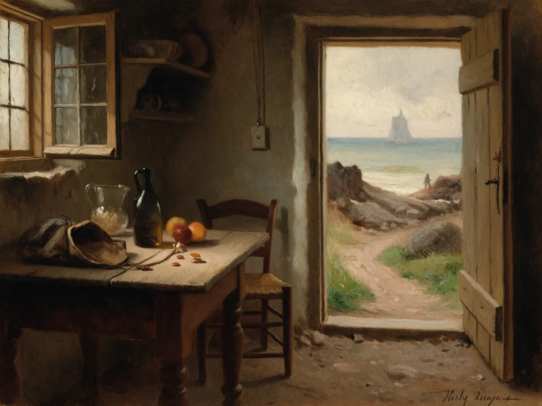 A Nearly Empty Wooden Table Beside An Open Coastal Cottage D...