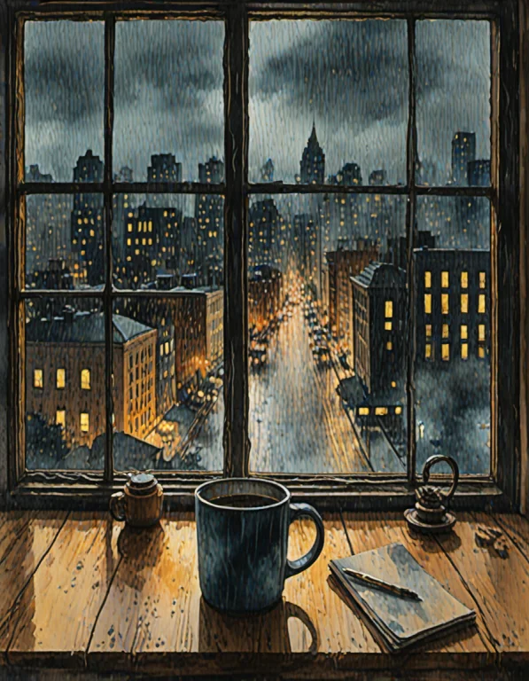 A Rainy Day Window View Looking Out Into A Misty, Glowing Ci...