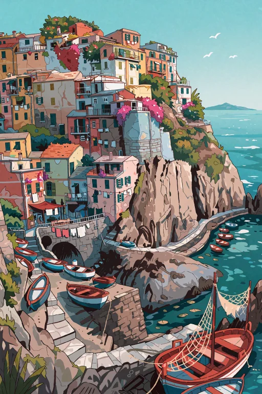 Carlesdalmau Style Illustration Of A Colorful Fishing Villag...