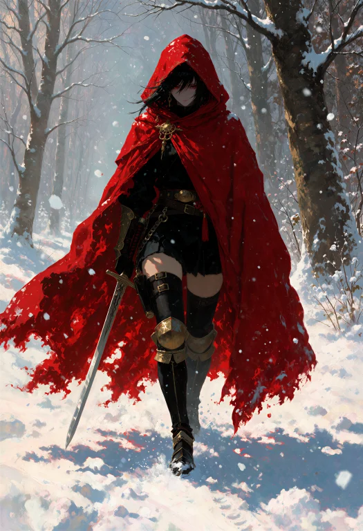 She Walks Into A Whiteout. Crimson Cloak, Black Shorts, Boot...
