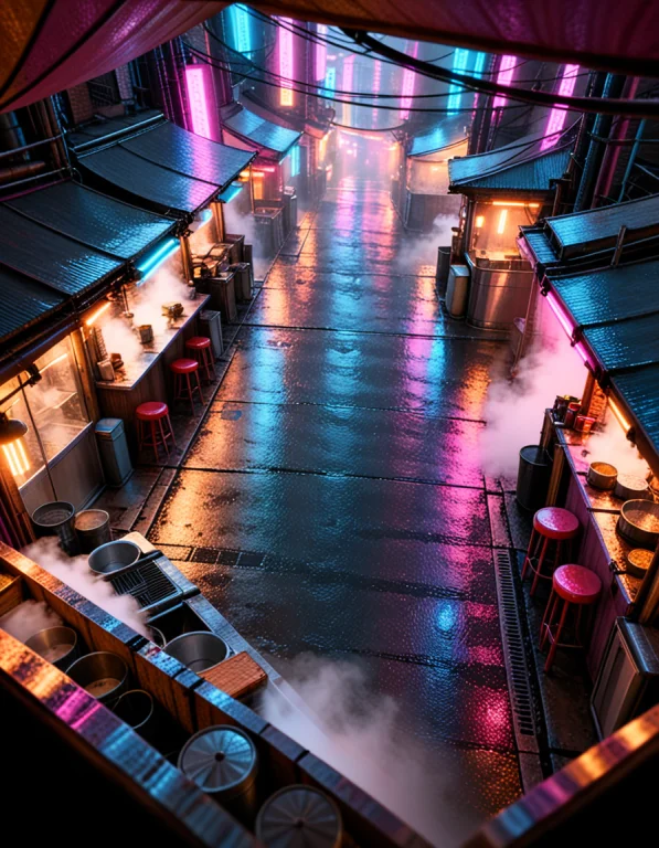 Cyb3r Qu4rt13r, Photorealistic, Main Neon Alley Seen From A...