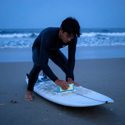 A Surfer Waxing A Board At Dawn On The Sand, Candid Photogra... — Stable Diffusion AI Prompt: a surfer waxing a board at dawn on the sand, candid photograph, blue hour, highl...