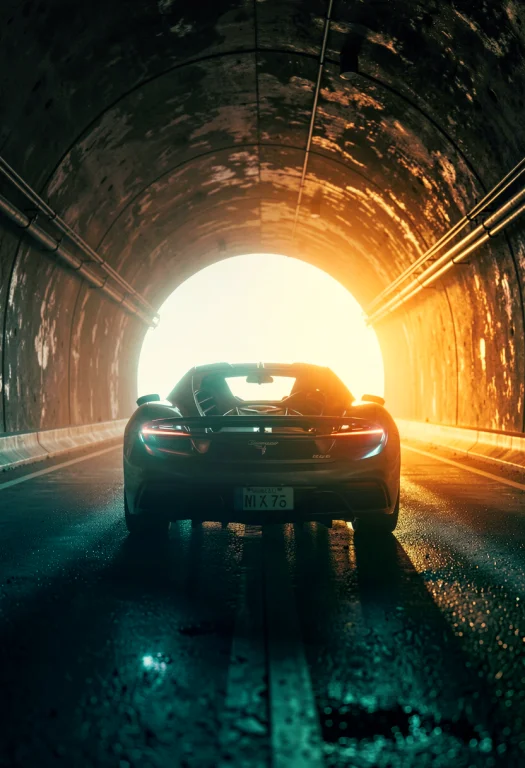 A Sports Car Silhouetted Against A Tunnel Of Light, Unreal E...