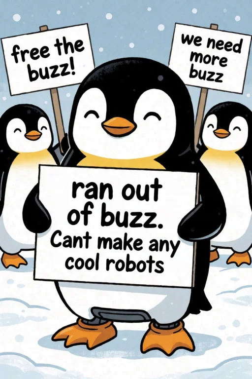 A Cute Robotic Penguin Holding A Sign That Reads Ran Out Of...