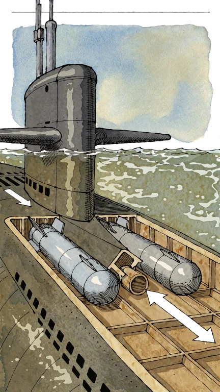A Submarine Viewed From Above, Partially Submerged In Water,...