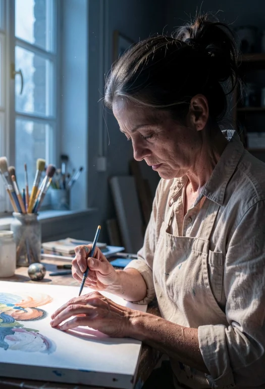 A Painter Absorbed In Work In A Sunlit Atelier, Cold Moonlit...