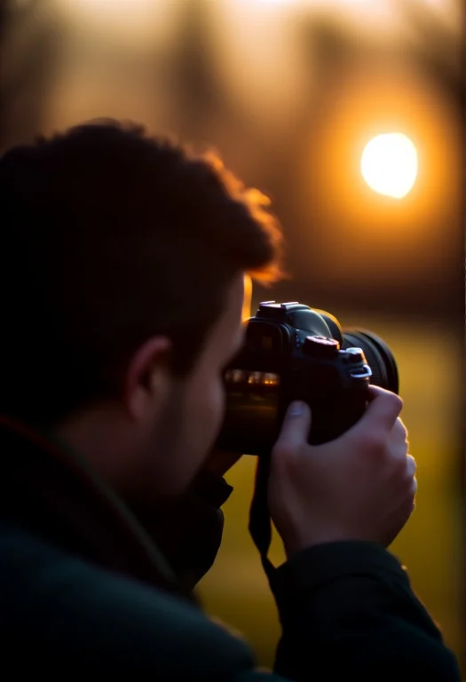 A Photographer Framing A Shot At Golden Hour, Impressionist...