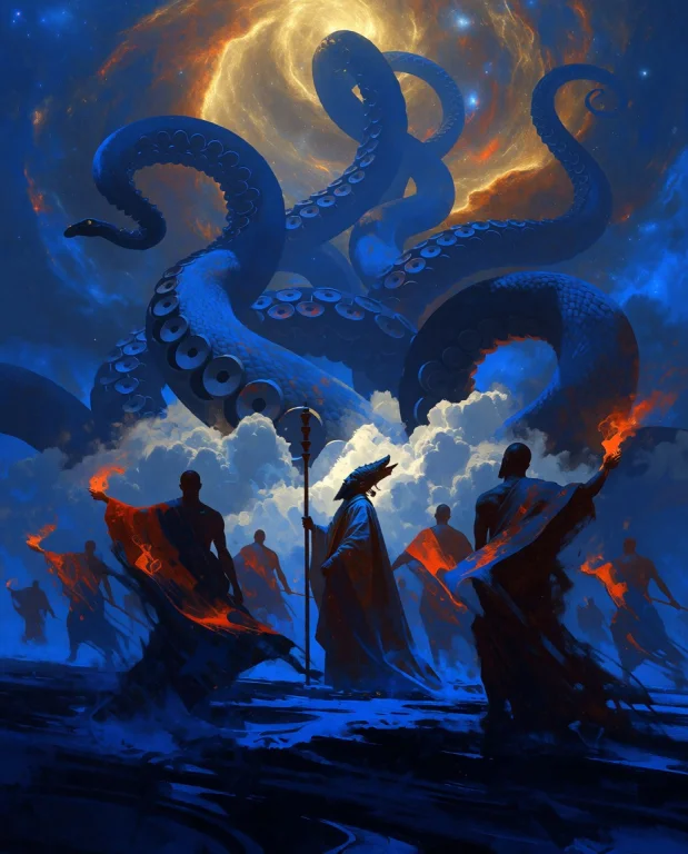 An Epic Mythological Scene Where Several Men Stand Beneath C...