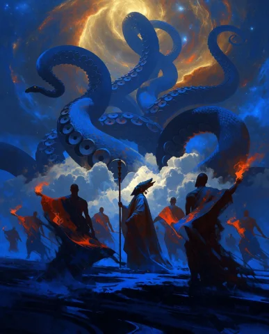 An Epic Mythological Scene Where Several Men Stand Beneath C... — Stable Diffusion AI Prompt: An epic mythological scene where several men stand beneath colossal blue serpent...