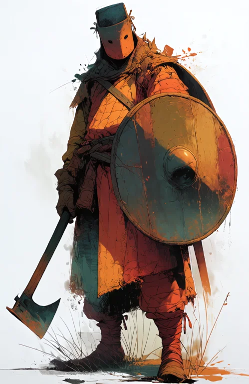 A Stylized Digital Illustration Features A Lone Warrior Stan...