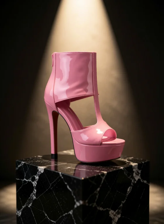 Closeup, Product Shot. A Single Pink Cutout Ankle High Heel...