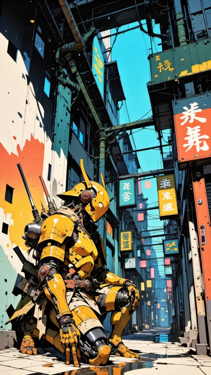 In The Foreground To The Left, A Fractured Cyborg Samurai Kn...
