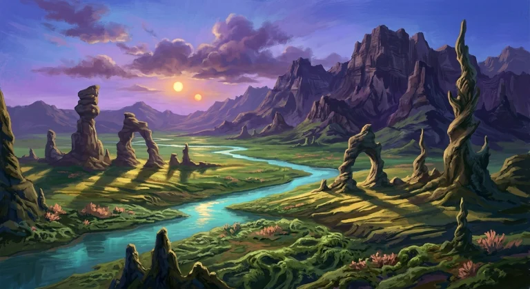 A Cinematic Painterly Alien Landscape Beneath Two Distant Su...