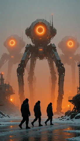 This Photograph Depicts A Foggy, Orange-hued Industrial Land... — Stable Diffusion AI Prompt: This photograph depicts a foggy, orange-hued industrial landscape with three tow...