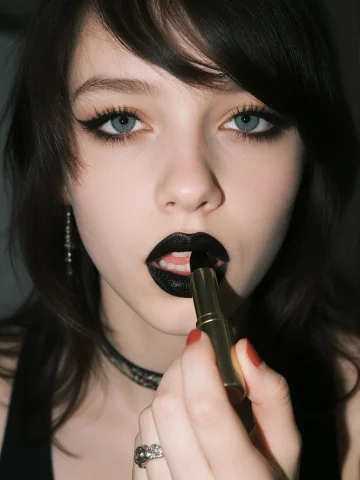 Close-up Photo Of An Emo Girl Applying Black Lipstick. — Stable Diffusion AI Prompt: Close-up photo of an emo girl applying black lipstick.