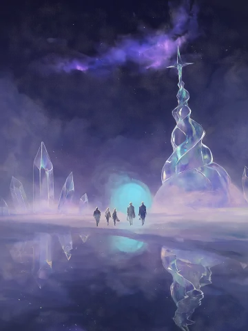 The Image Is A Vertical Stylized Illustration Of A Dreamworl... — Stable Diffusion AI Prompt: The image is a vertical stylized illustration of a dreamworld in purple and blue...